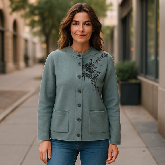 Castle Of Ireland Wool Blend Knit Jacket US14 EU40 Green Irish Floral Cardigan - Picture 13 of 13